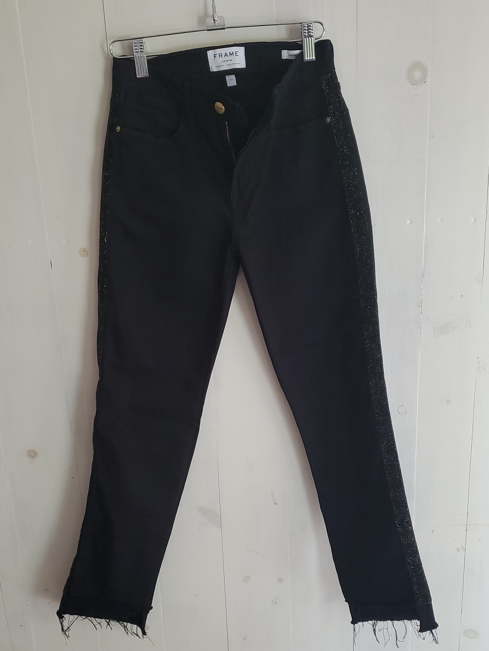 Frame Denim Black Cropped Ankle Jeans with Glitter Side Stripe